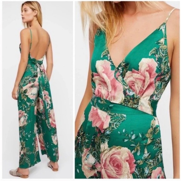 Free People Green Floral Print Wide Leg Jumpsuit Spaghetti Strap Backless Size 0 - Picture 3 of 7